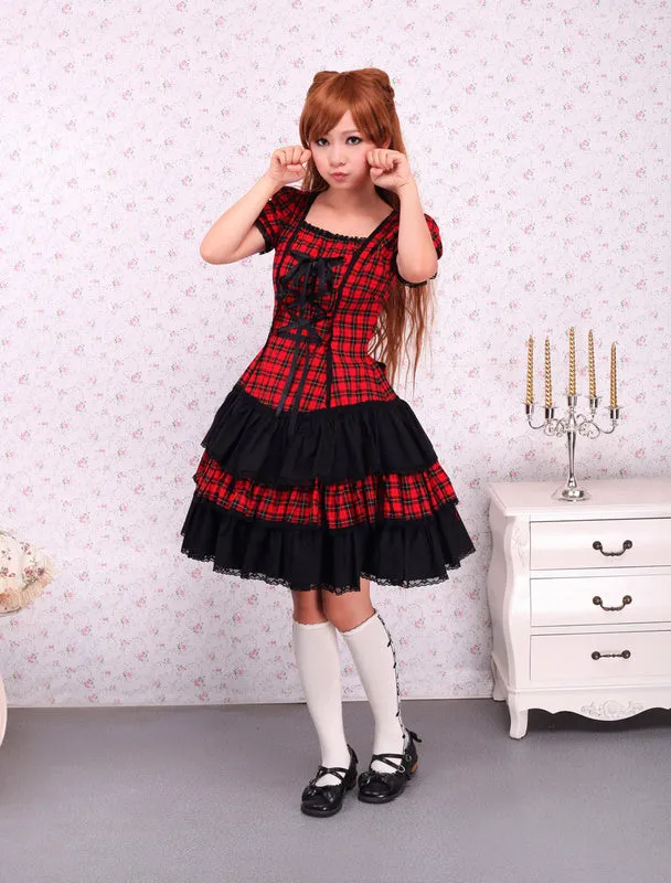 Cotton Red Black Gingham Loltia OP Dress Short Sleeves Lace Up
