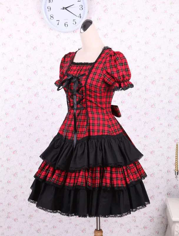 Cotton Red Black Gingham Loltia OP Dress Short Sleeves Lace Up