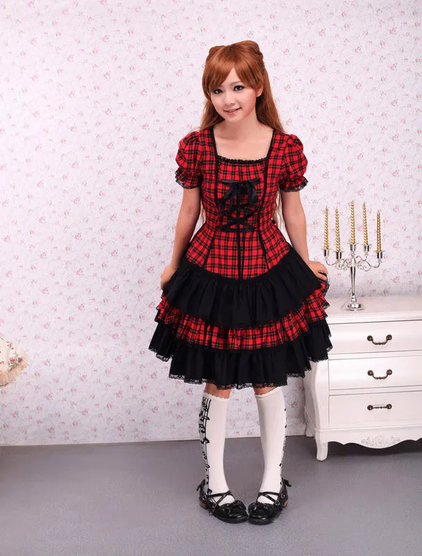 Cotton Red Black Gingham Loltia OP Dress Short Sleeves Lace Up