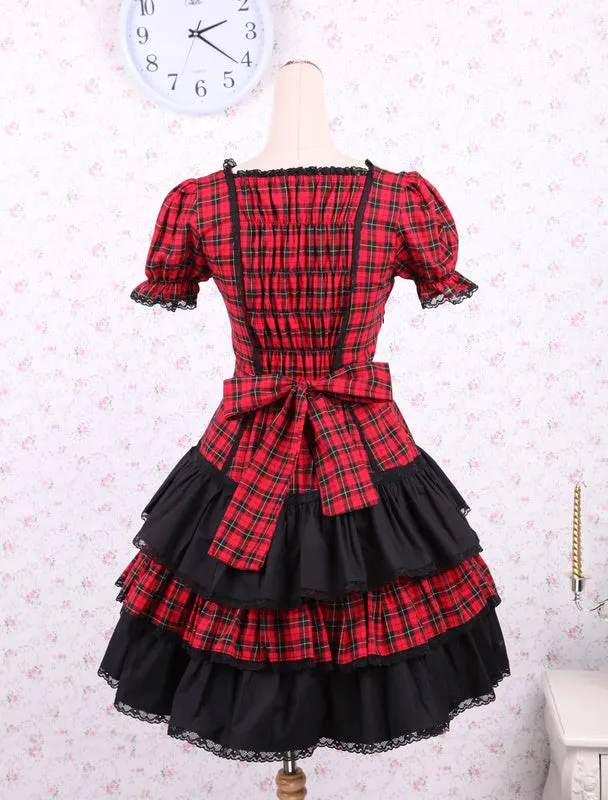 Cotton Red Black Gingham Loltia OP Dress Short Sleeves Lace Up