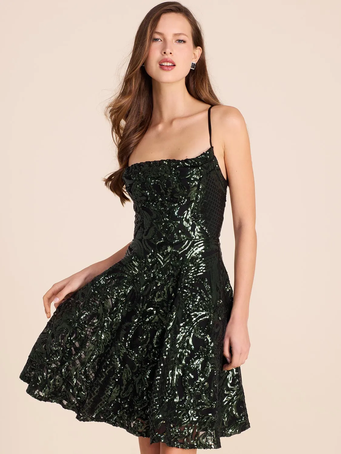 Cowl Neck Fit & Flare Sequin Dress