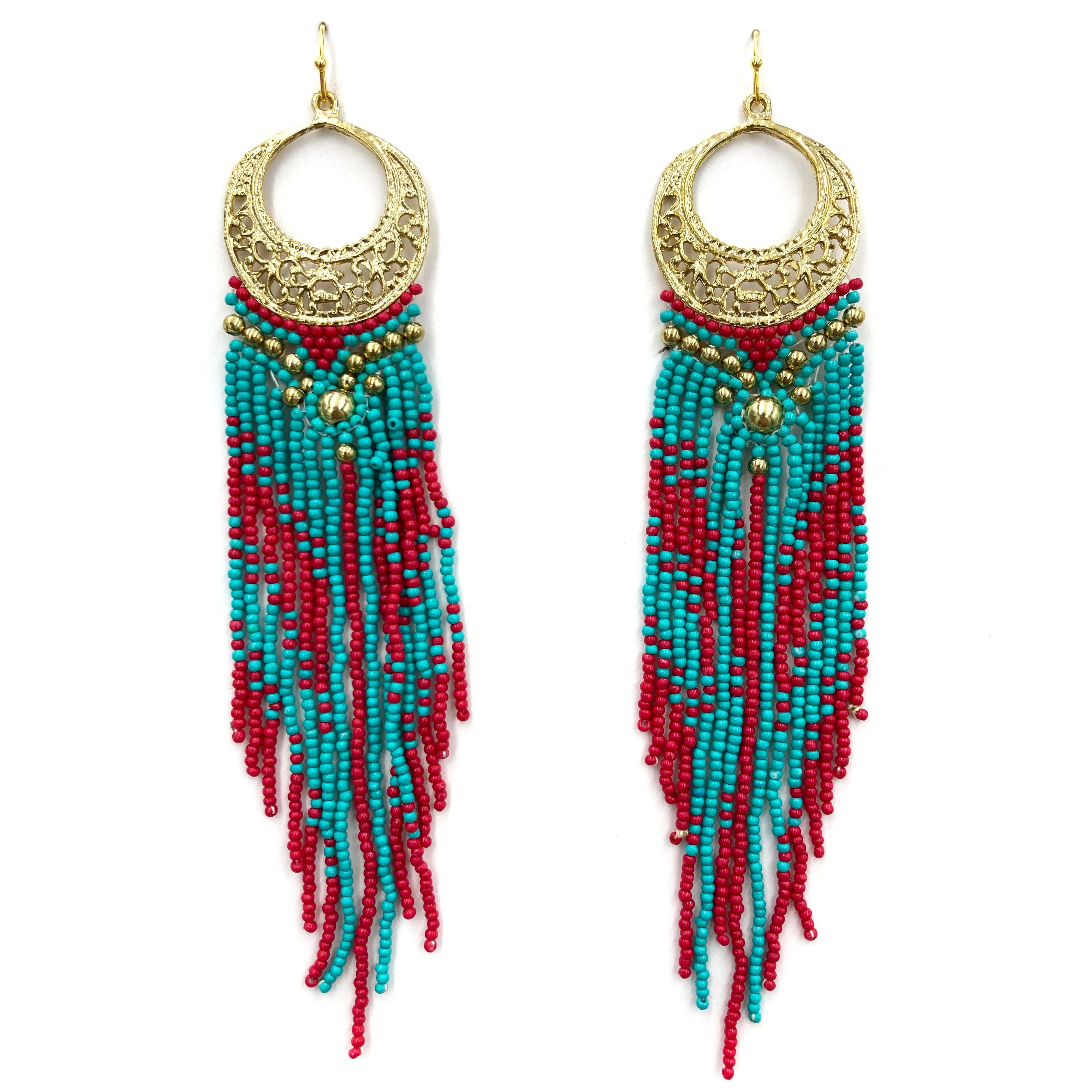 Crescent Flowers Chandelier Fringe Long Seed Bead Earrings: Beige