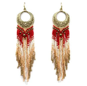 Crescent Flowers Chandelier Fringe Long Seed Bead Earrings: Beige