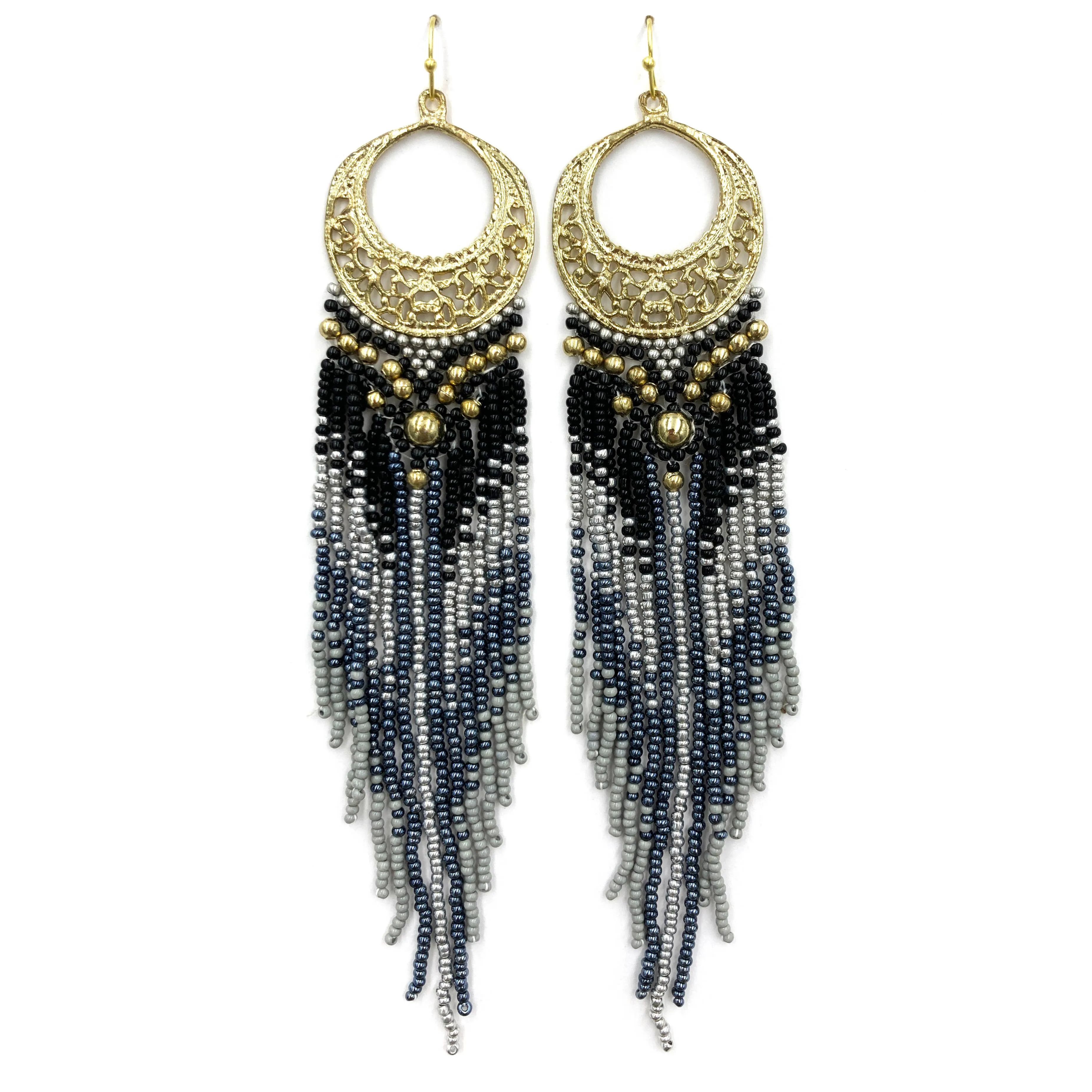 Crescent Flowers Chandelier Fringe Long Seed Bead Earrings: Beige