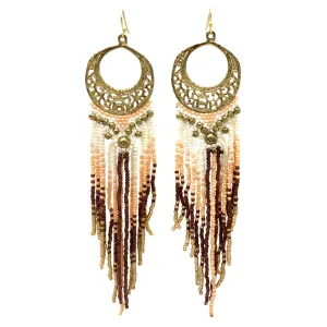 Crescent Flowers Chandelier Fringe Long Seed Bead Earrings: Brown