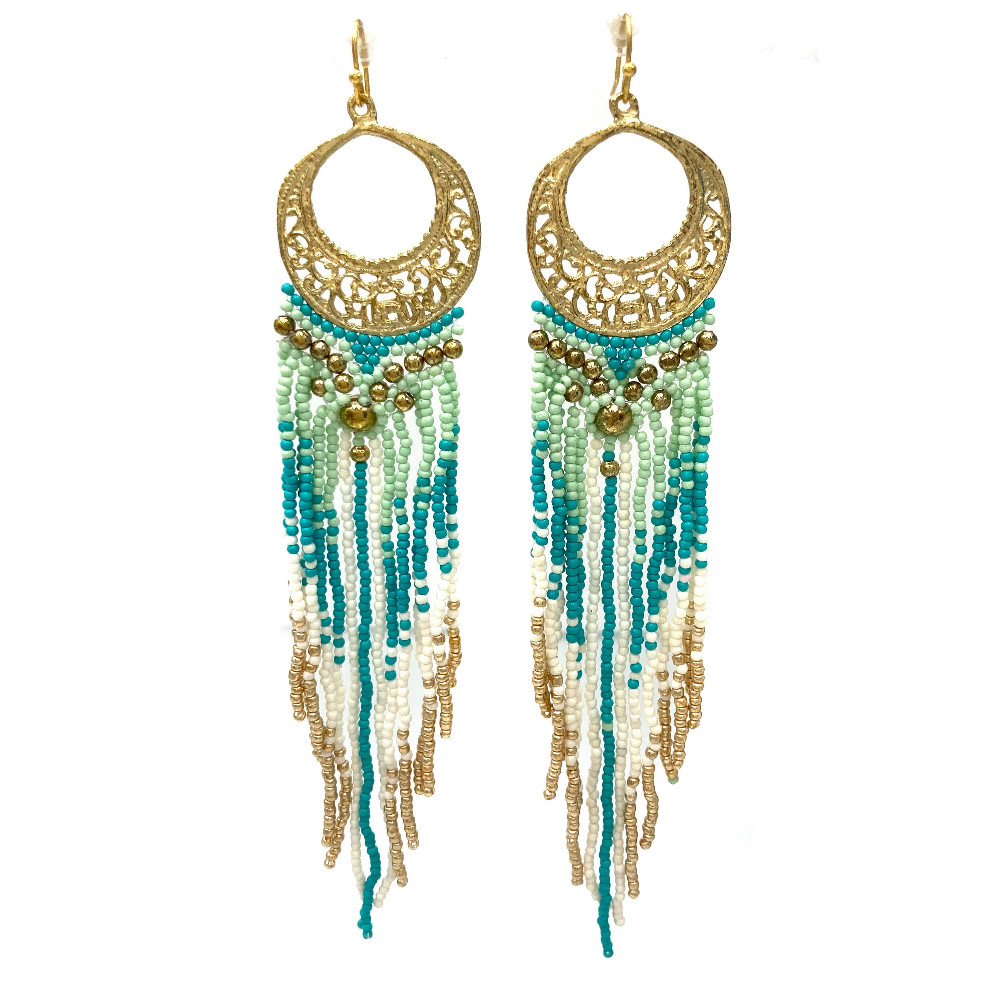 Crescent Flowers Chandelier Fringe Long Seed Bead Earrings: Brown