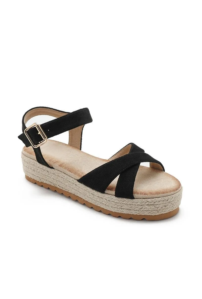 CROSS STRAP ESPADRILLE PLATFORM OPEN TOE BUCKLED SANDALS IN BLACK
