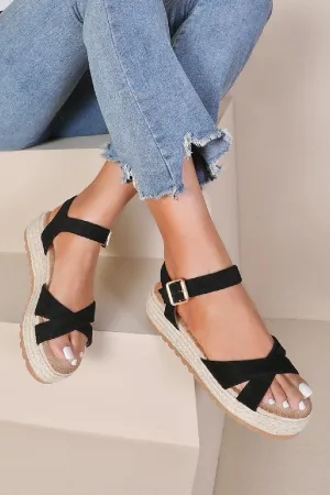 CROSS STRAP ESPADRILLE PLATFORM OPEN TOE BUCKLED SANDALS IN BLACK