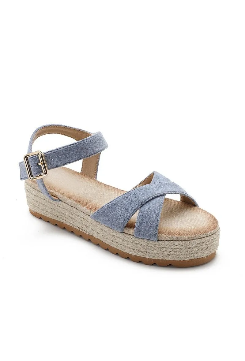 CROSS STRAP ESPADRILLE PLATFORM OPEN TOE BUCKLED SANDALS IN BLUE