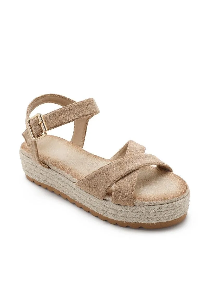 CROSS STRAP ESPADRILLE PLATFORM OPEN TOE BUCKLED SANDALS IN KHAKI