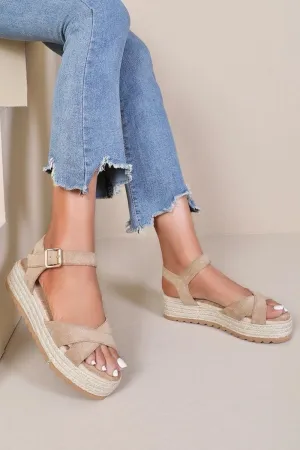 CROSS STRAP ESPADRILLE PLATFORM OPEN TOE BUCKLED SANDALS IN KHAKI