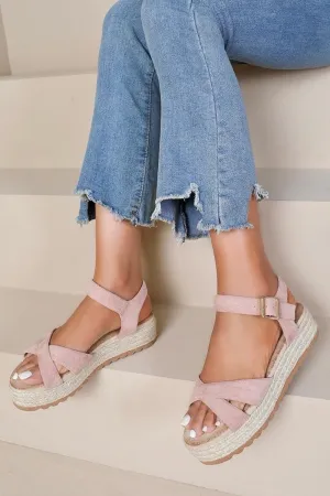 CROSS STRAP ESPADRILLE PLATFORM OPEN TOE BUCKLED SANDALS IN PINK