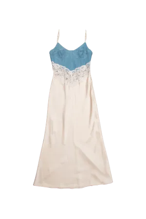 Denim And Satin Dress with Lace Insert