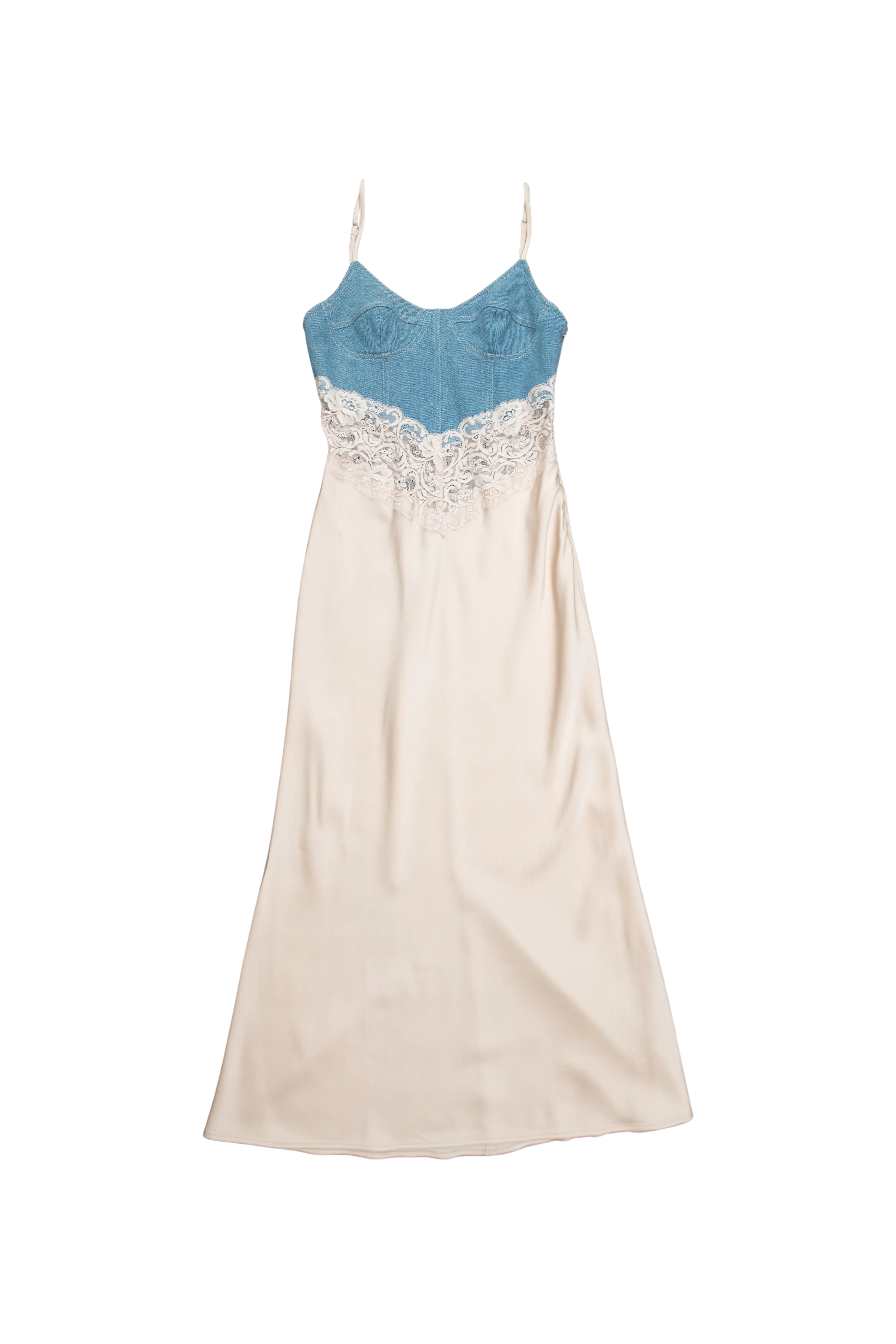 Denim And Satin Dress with Lace Insert