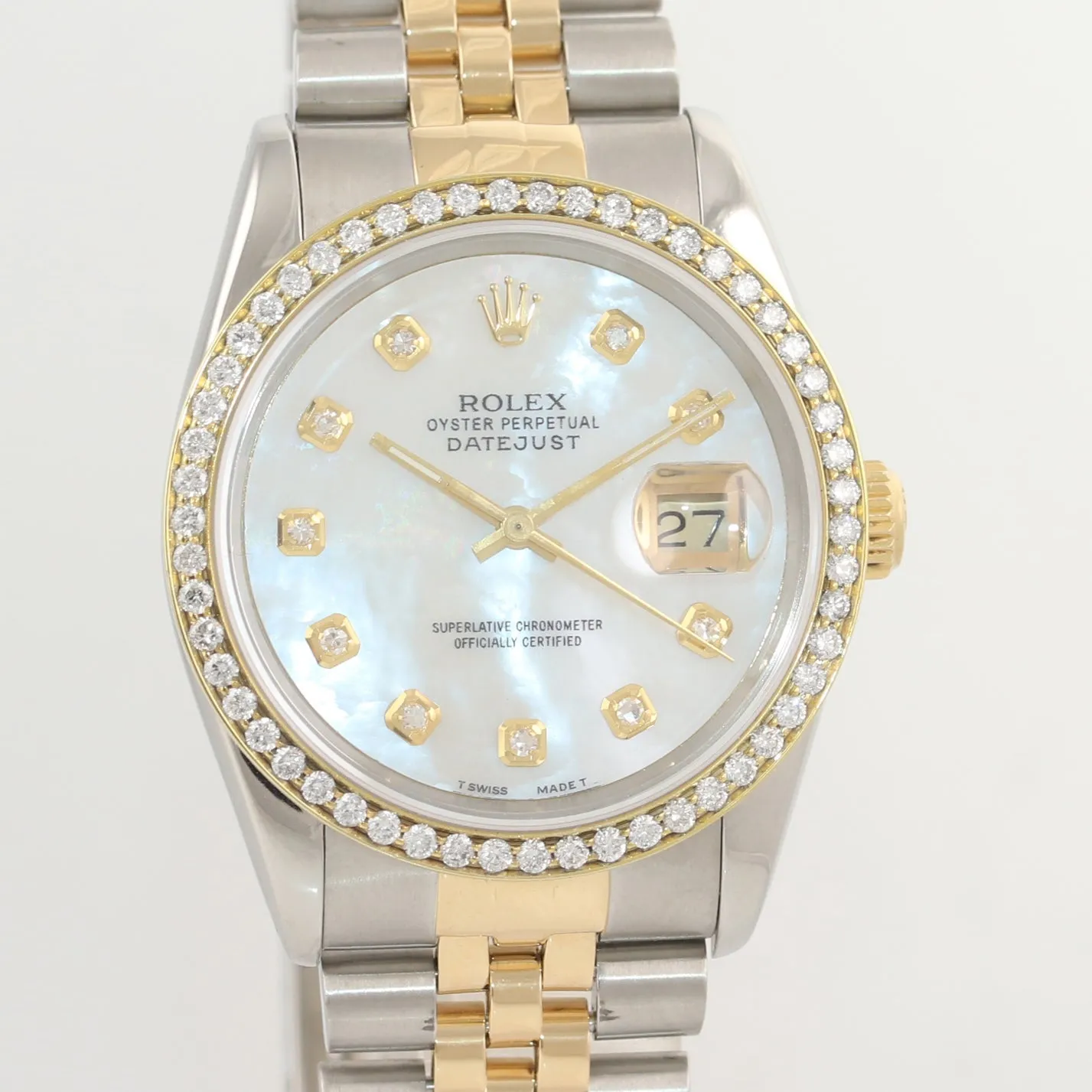 DIAMOND BEZEL Rolex DateJust 16233 Two-Tone 18K Yellow Gold MOP Jubilee Watch