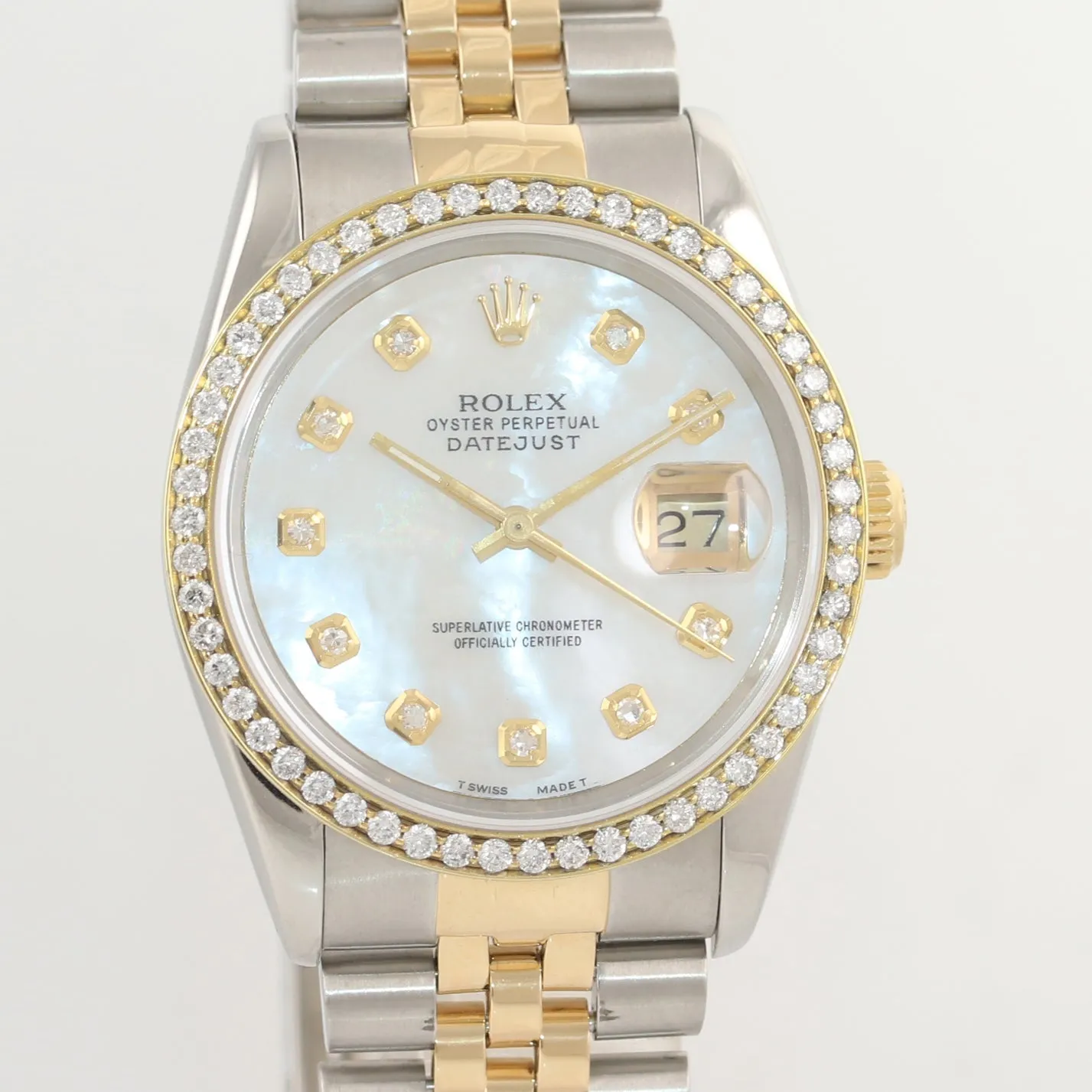 DIAMOND BEZEL Rolex DateJust 16233 Two-Tone 18K Yellow Gold MOP Jubilee Watch