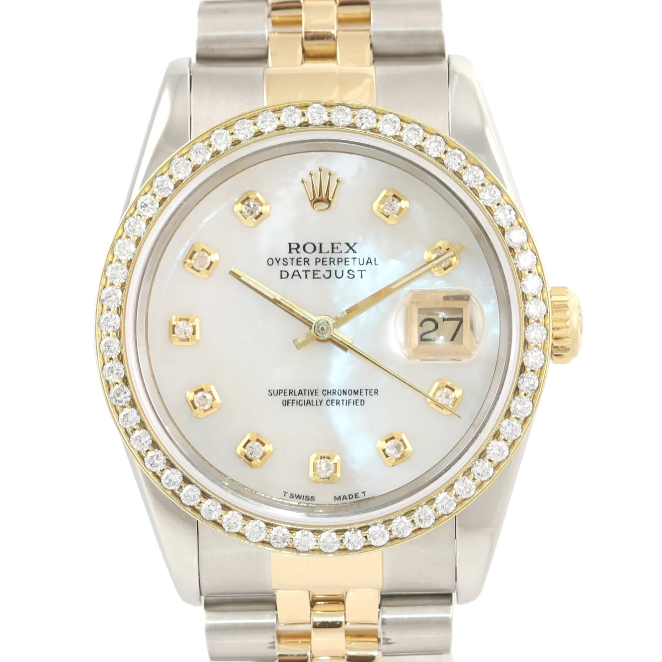 DIAMOND BEZEL Rolex DateJust 16233 Two-Tone 18K Yellow Gold MOP Jubilee Watch