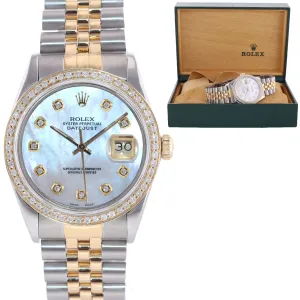DIAMOND Bezel Rolex DateJust 36mm 16013 MOP Dial Two Tone 18k Gold Watch Box