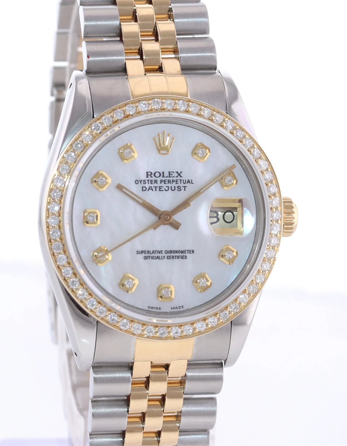 DIAMOND Bezel Rolex DateJust 36mm 16013 MOP Dial Two Tone 18k Gold Watch Box