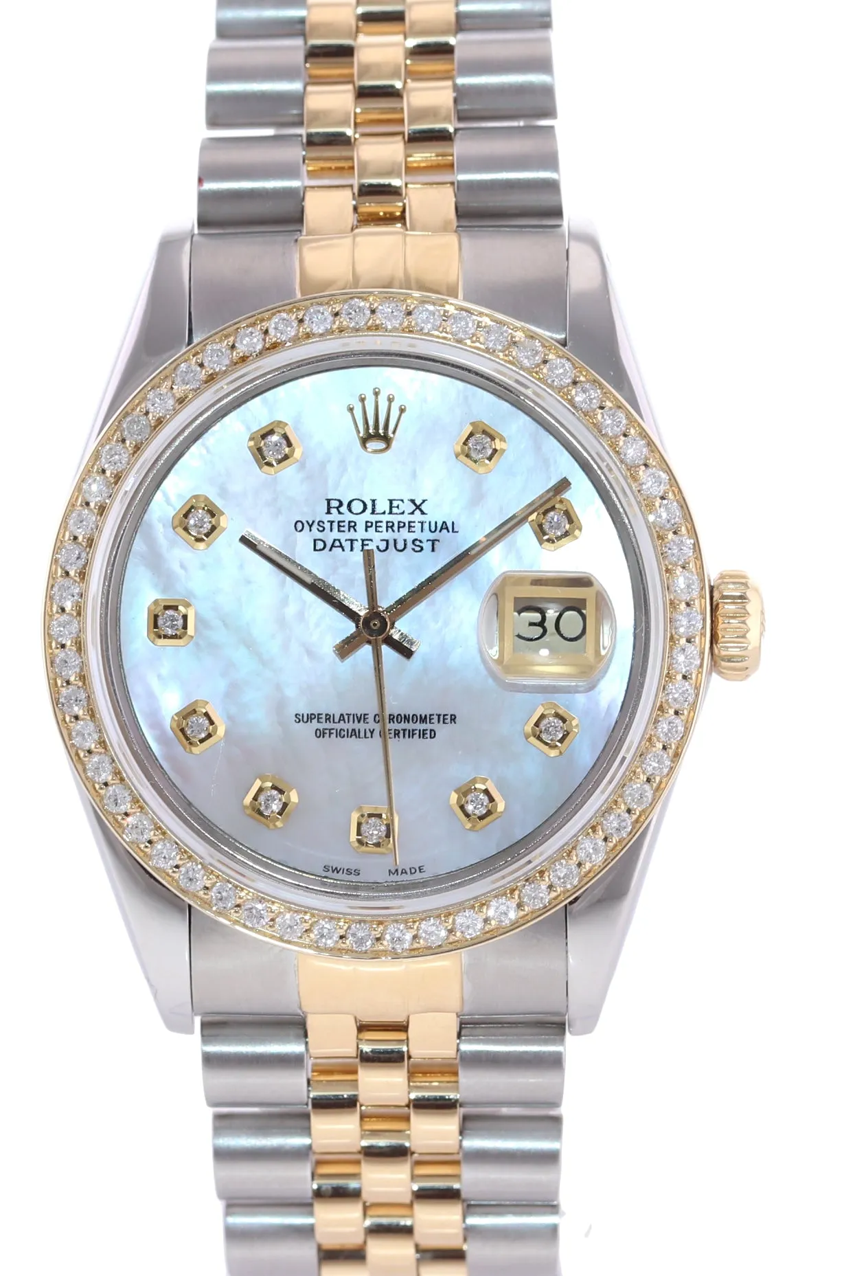 DIAMOND Bezel Rolex DateJust 36mm 16013 MOP Dial Two Tone 18k Gold Watch Box