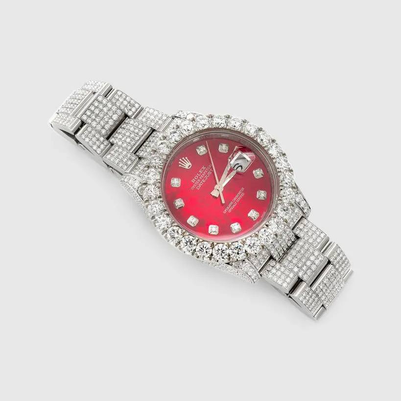 Diamond Rolex DateJust 36mm Stainless Steel Red Dial Watch
