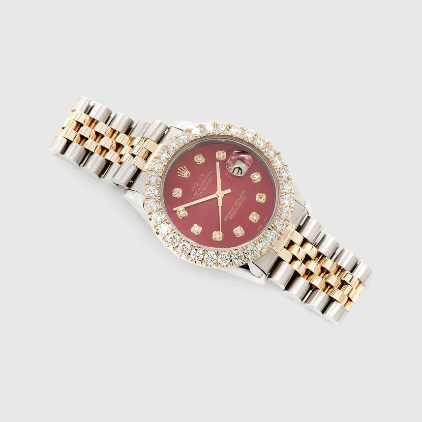 Diamond Rolex DateJust 36mm Two-Tone Red Dial Watch