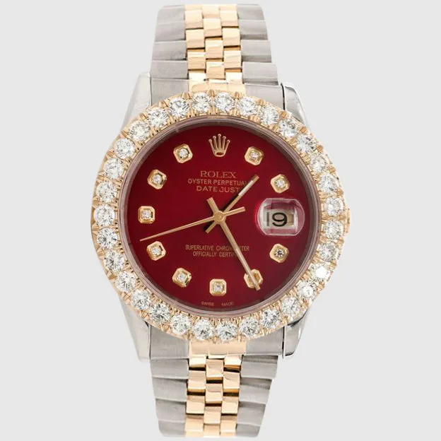 Diamond Rolex DateJust 36mm Two-Tone Red Dial Watch