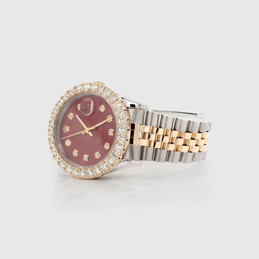 Diamond Rolex DateJust 36mm Two-Tone Red Dial Watch