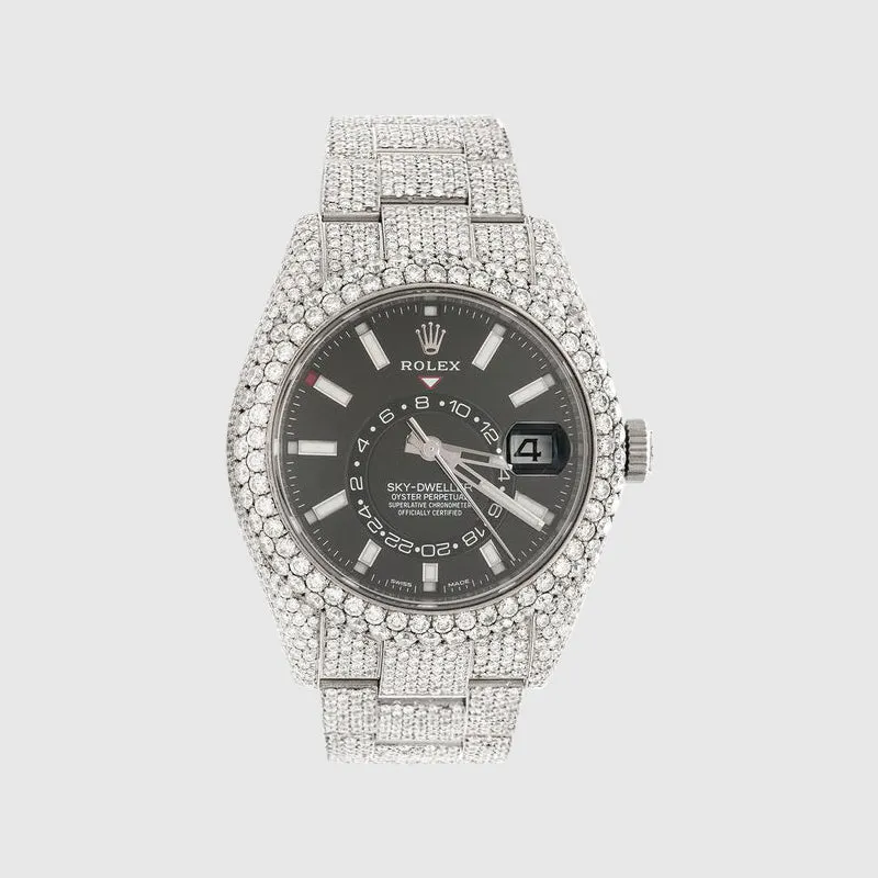 Diamond Rolex Sky-Dweller 42mm Stainless Steel Black Dial Watch