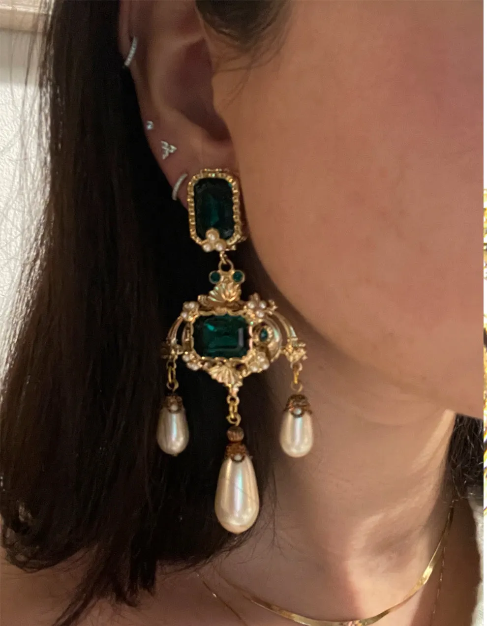Dolce & Gabbana Faux Pearl & Green Crystal Chandelier Earrings