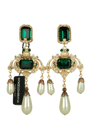 Dolce & Gabbana Faux Pearl & Green Crystal Chandelier Earrings
