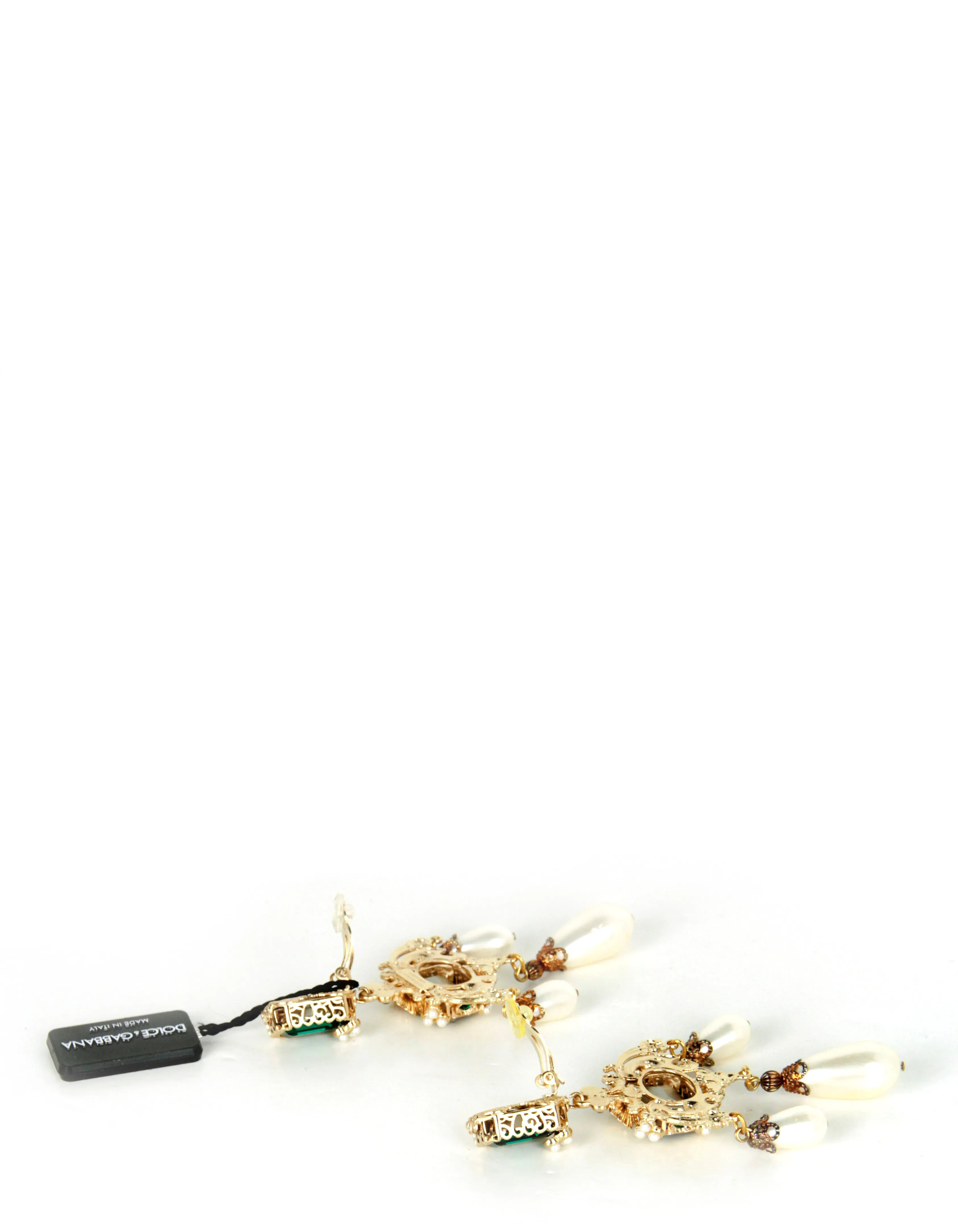 Dolce & Gabbana Faux Pearl & Green Crystal Chandelier Earrings