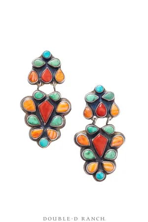 Earrings, Oscar Betz, Chandelier, Turquoise, Coral, Orange Spiny Oyster, Hallmark, Vintage, 1743