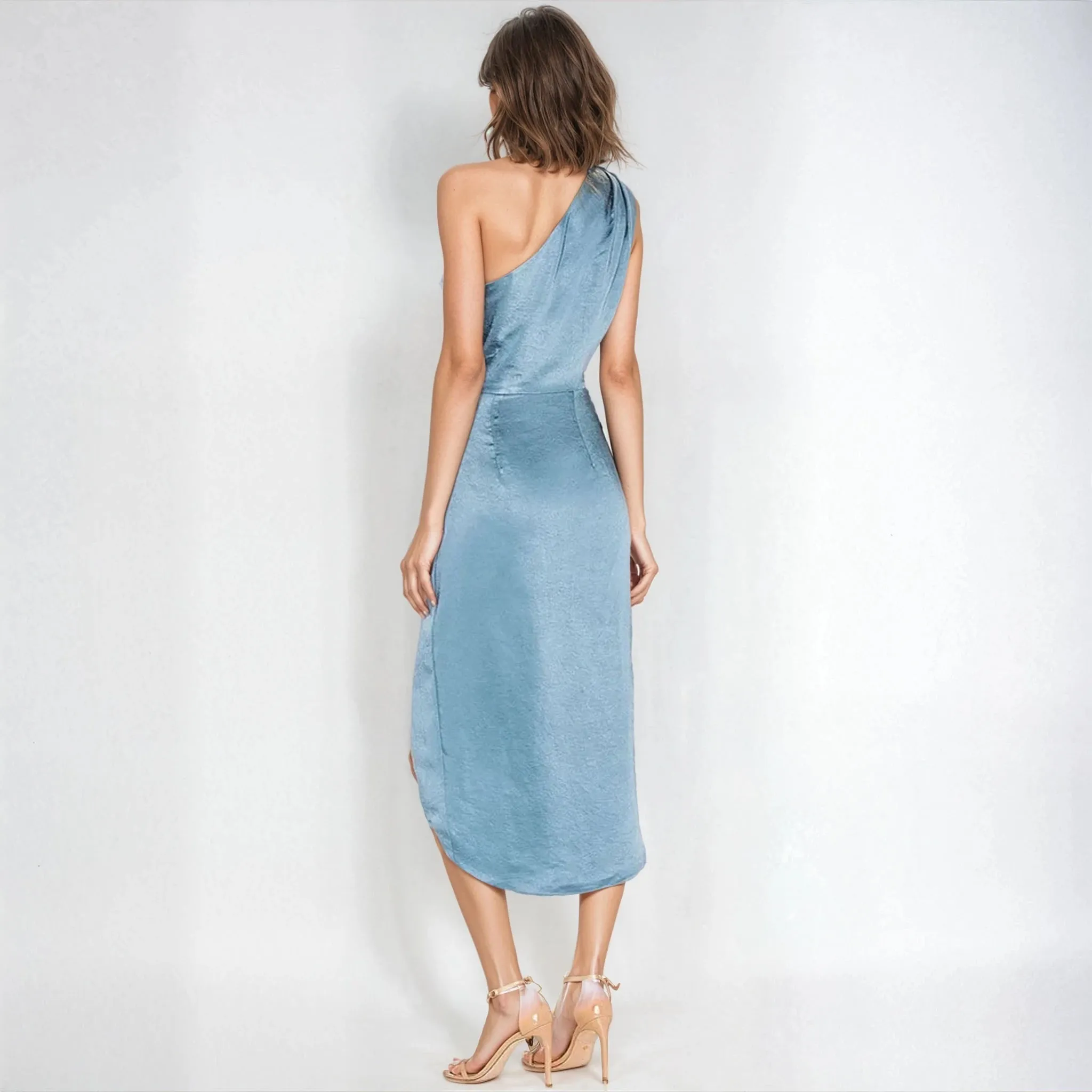 Elegant Blue Satin Midi Dress with High Slit and One Shoulder Design