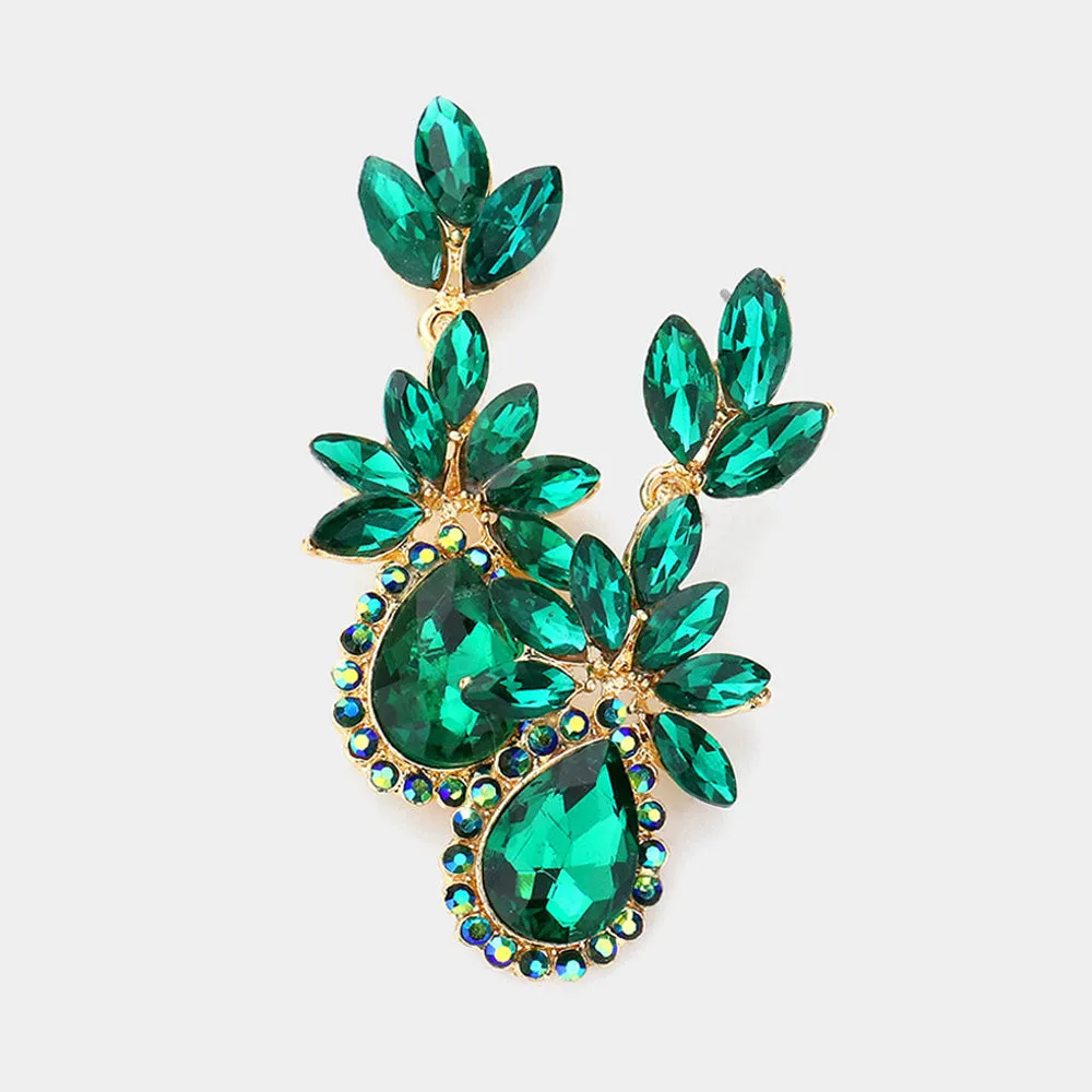 Emerald Marquise Stone Cluster Dangle Pageant Earrings | Prom Earrings | 544139