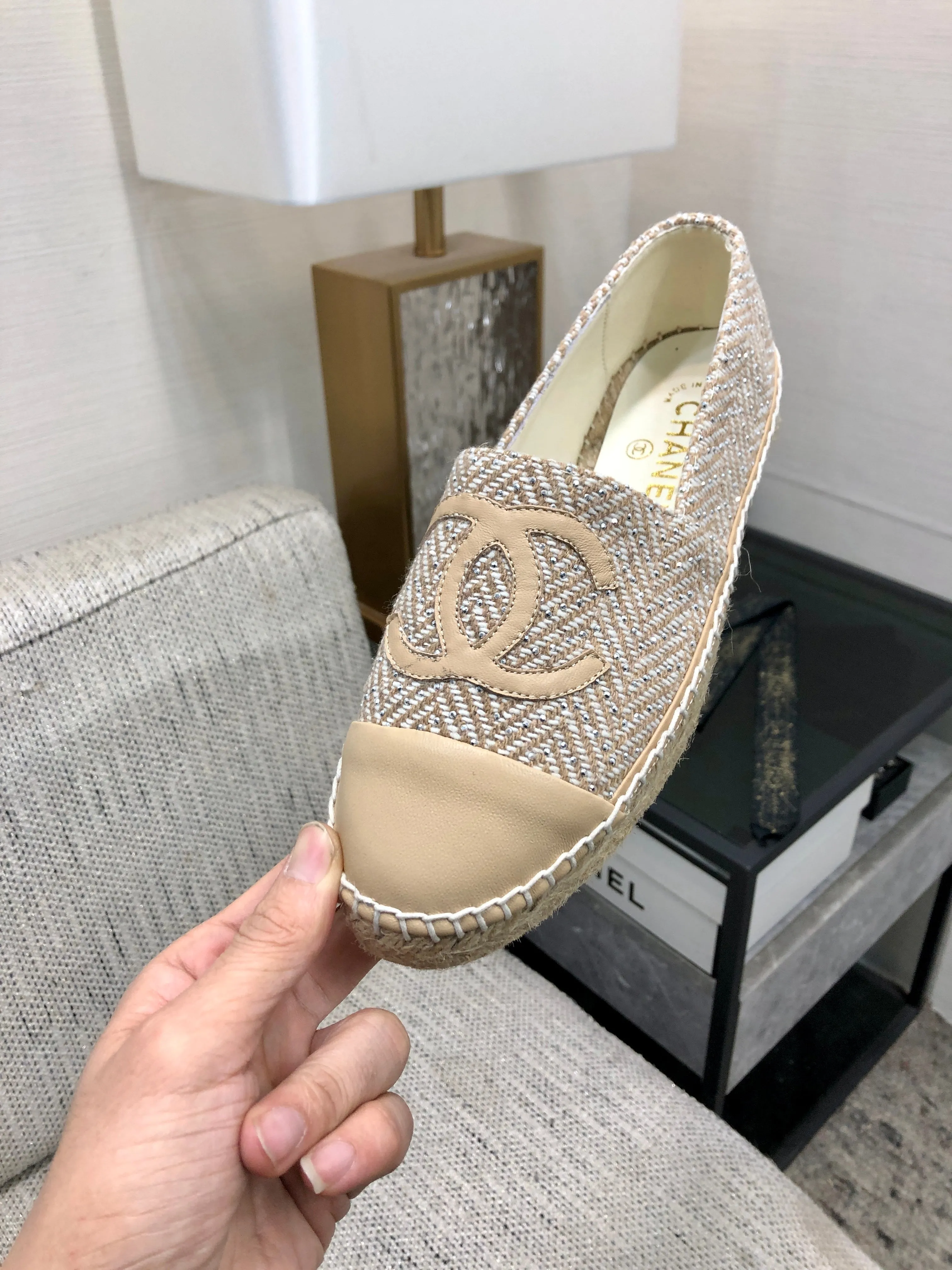 ESPADRILLE BISQUE BEIGE TWEED FABRIC AND CALFSKIN FLATS
