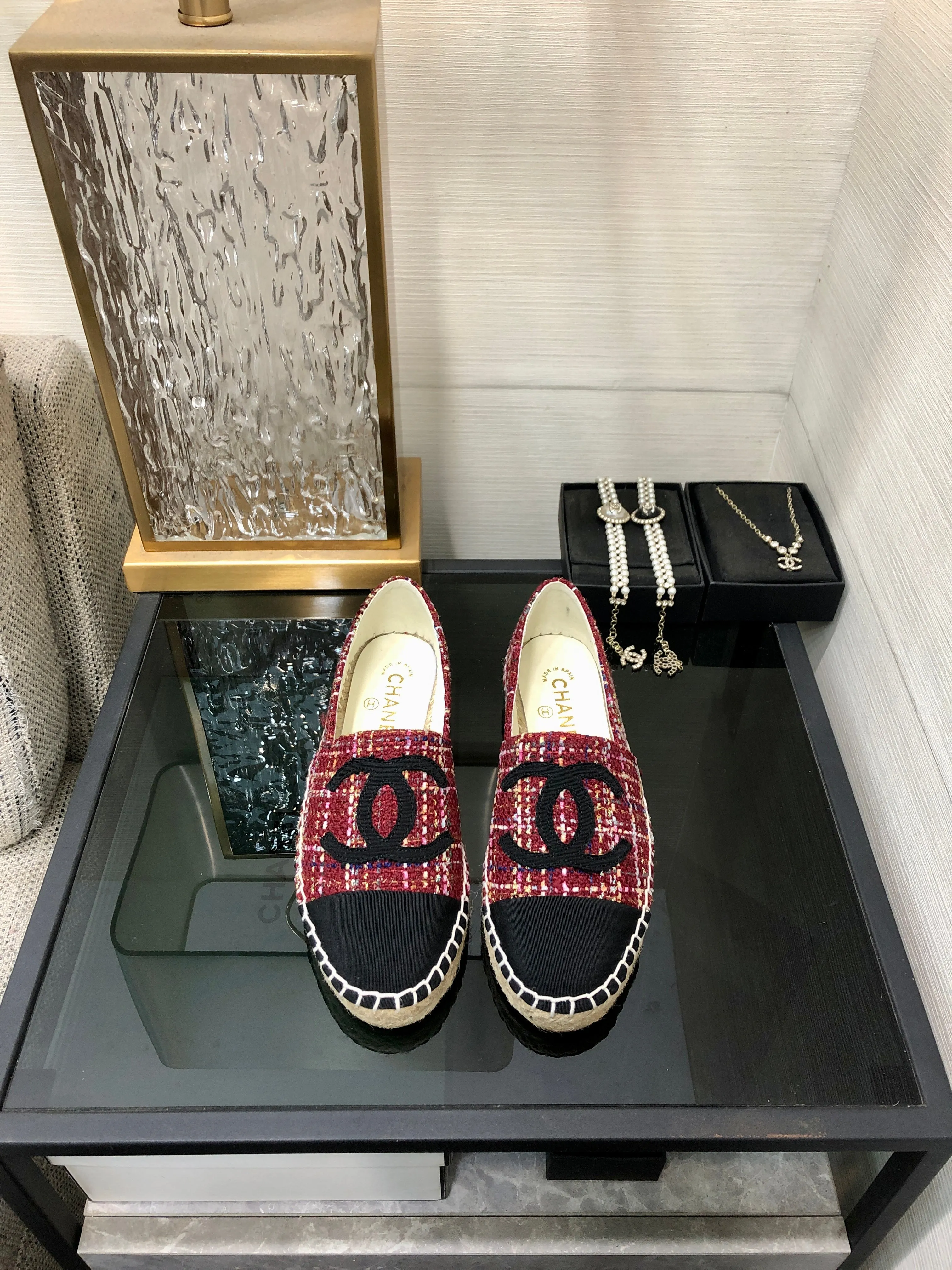 ESPADRILLE BLACK MIX CRIMSON RED TWEED FABRIC FLATS