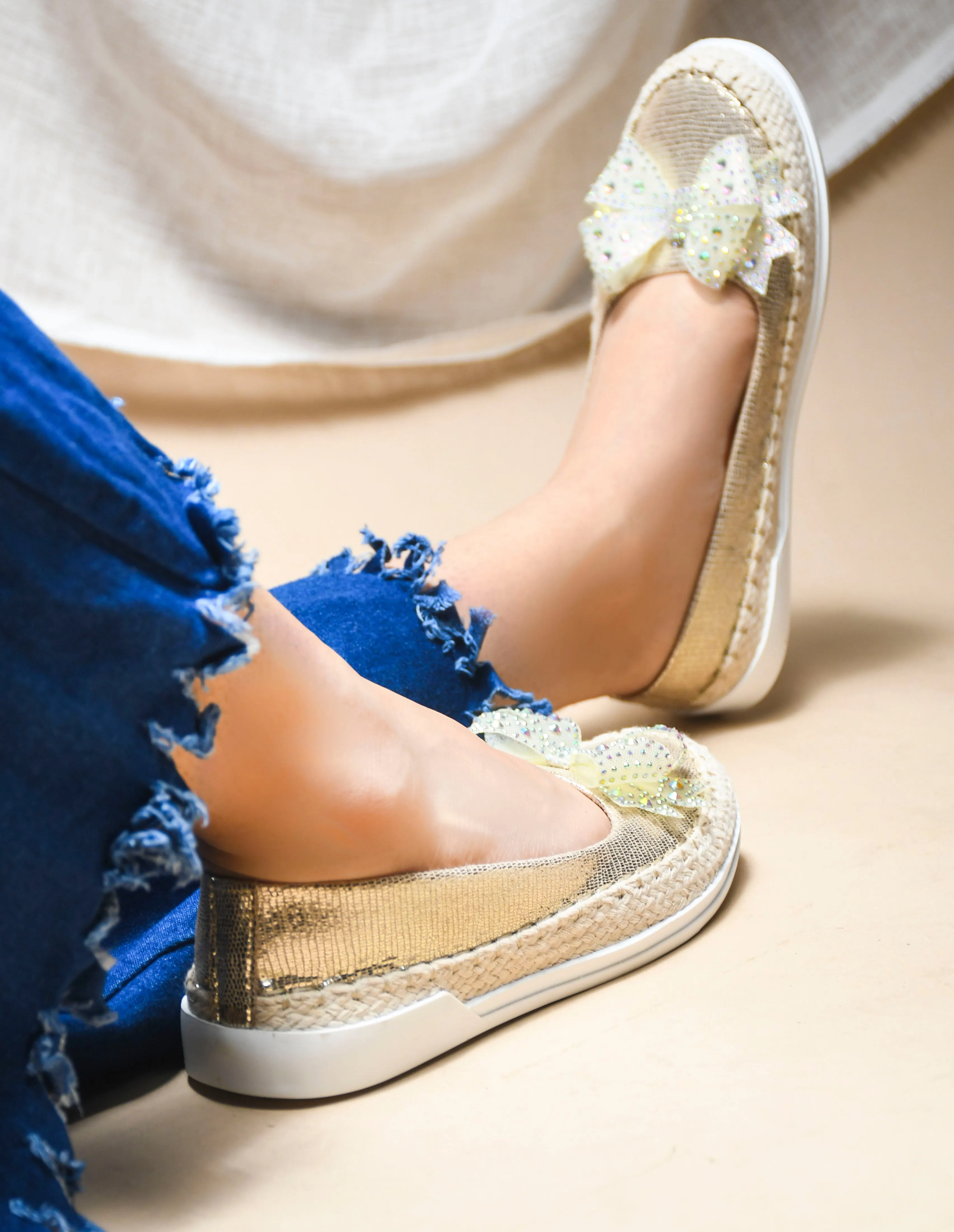 Espadrille Flats with Rhinestone Bow Detail