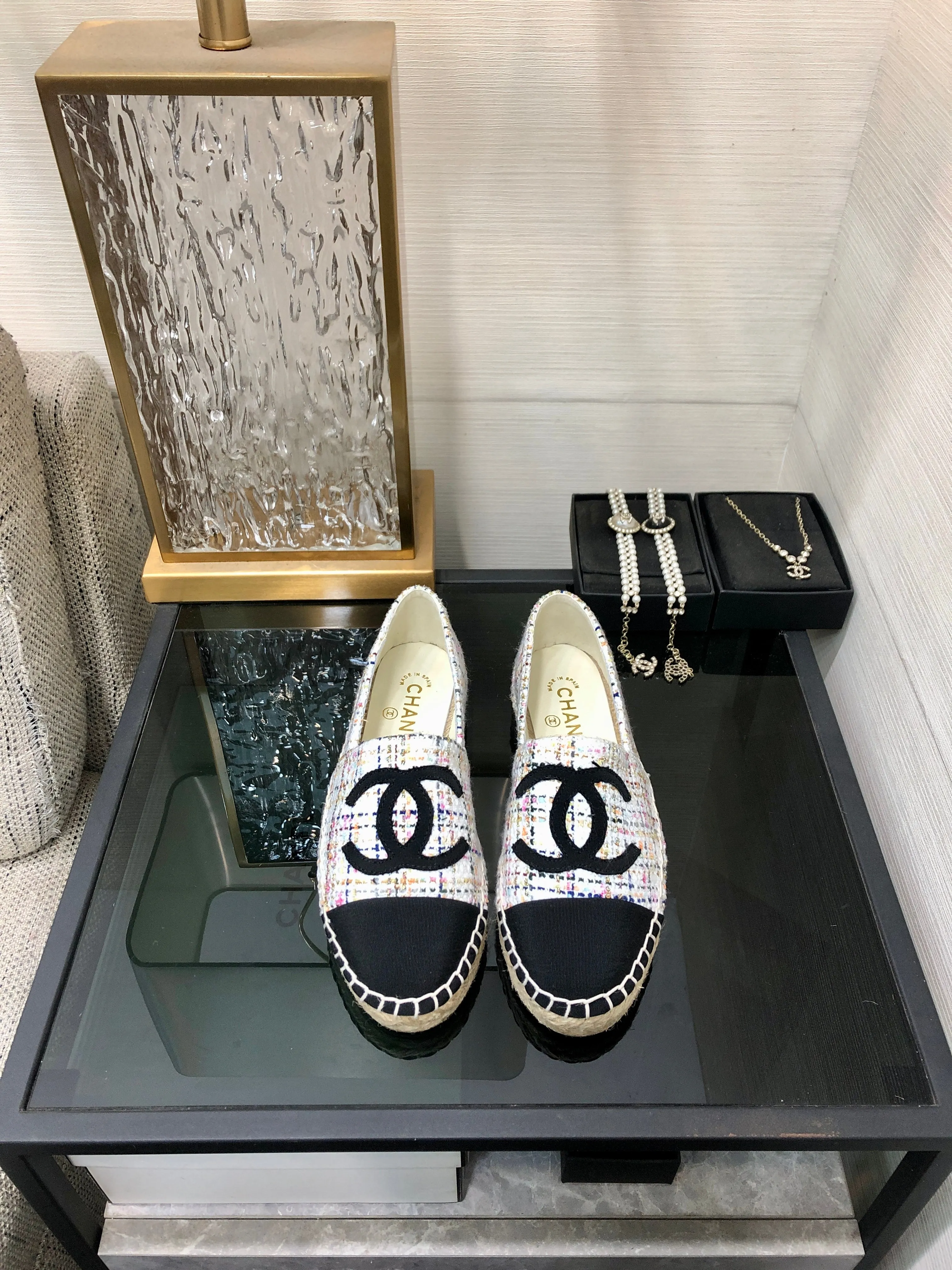 ESPADRILLE WHITE MIX BLACK TWEED FABRIC FLATS