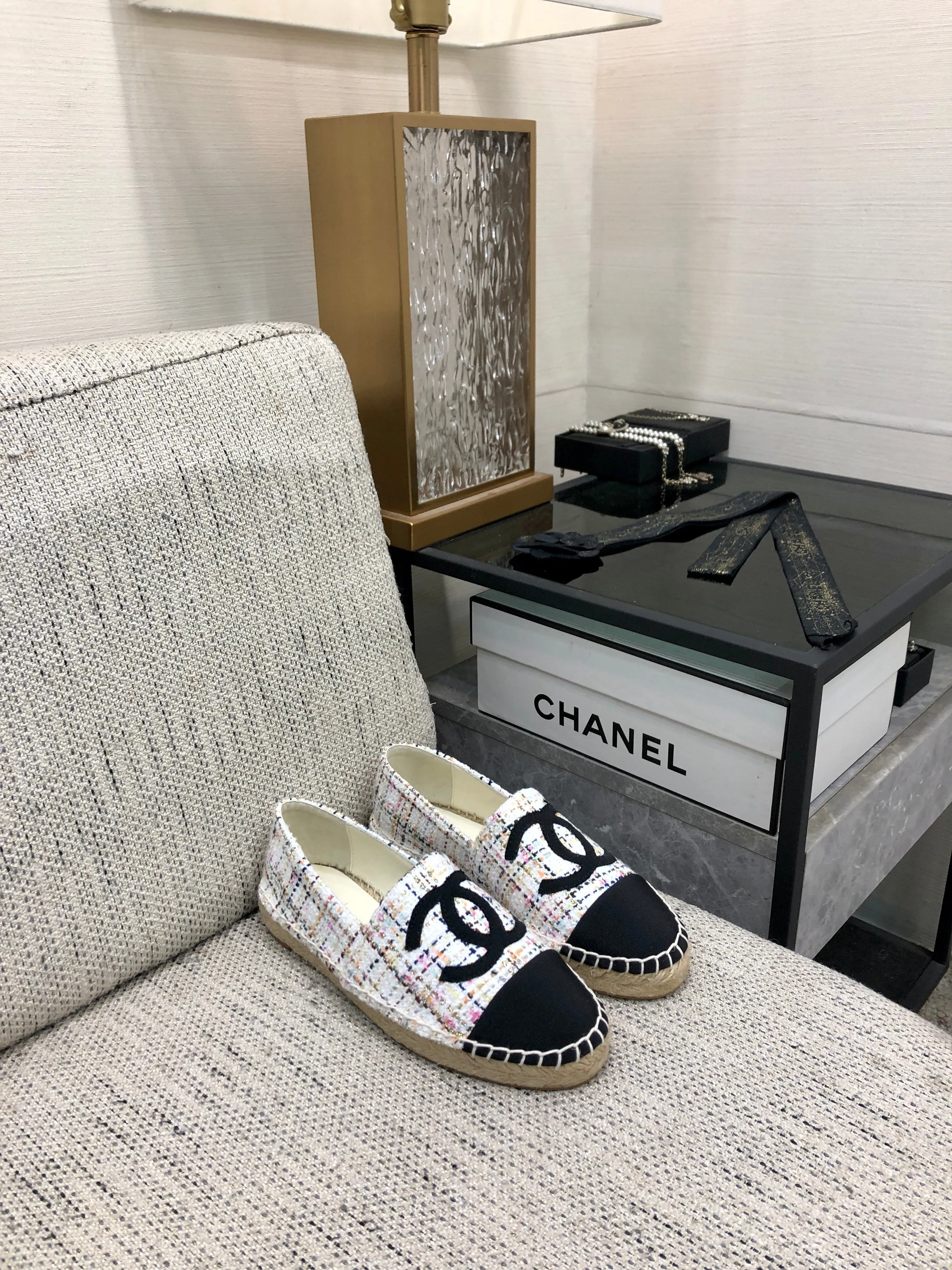 ESPADRILLE WHITE MIX BLACK TWEED FABRIC FLATS