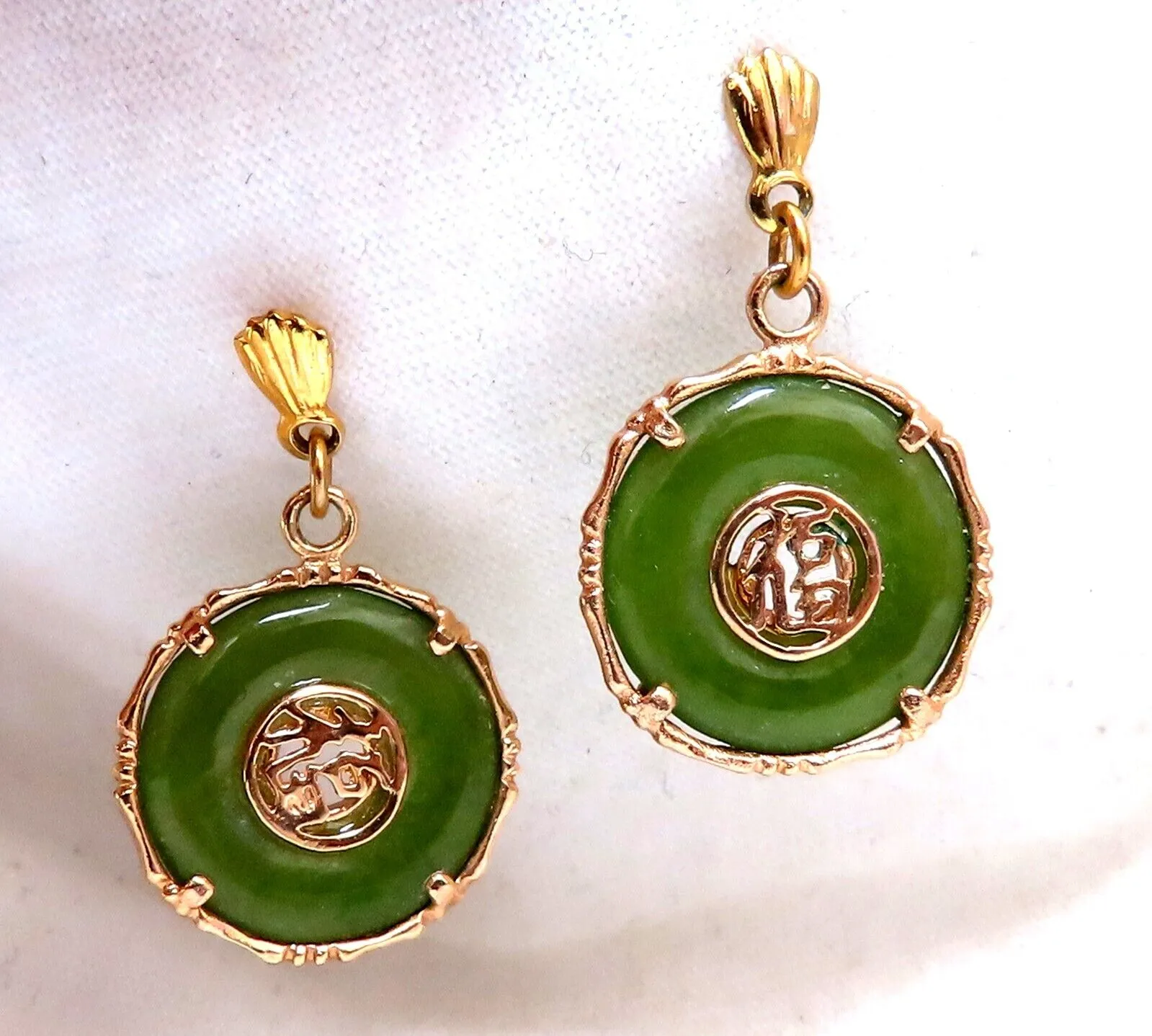 Estate Circular Jade Dangle Earrings 14kt Gold