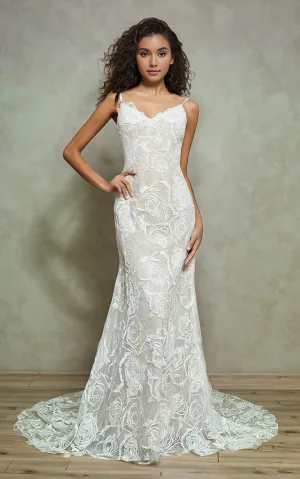 Ethereal Floral Mermaid Boho Rose Lace Wedding Dress Vintage Beach Spaghetti Straps Low Back Fit and Flare Bridal Gown