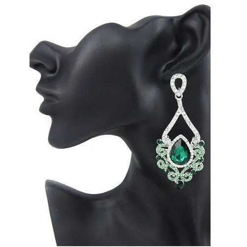 Fashion Jewelry Women Drop Earrings Green Rhinestone Silver Plated Chandelier