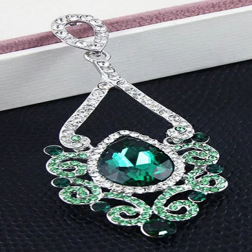 Fashion Jewelry Women Drop Earrings Green Rhinestone Silver Plated Chandelier