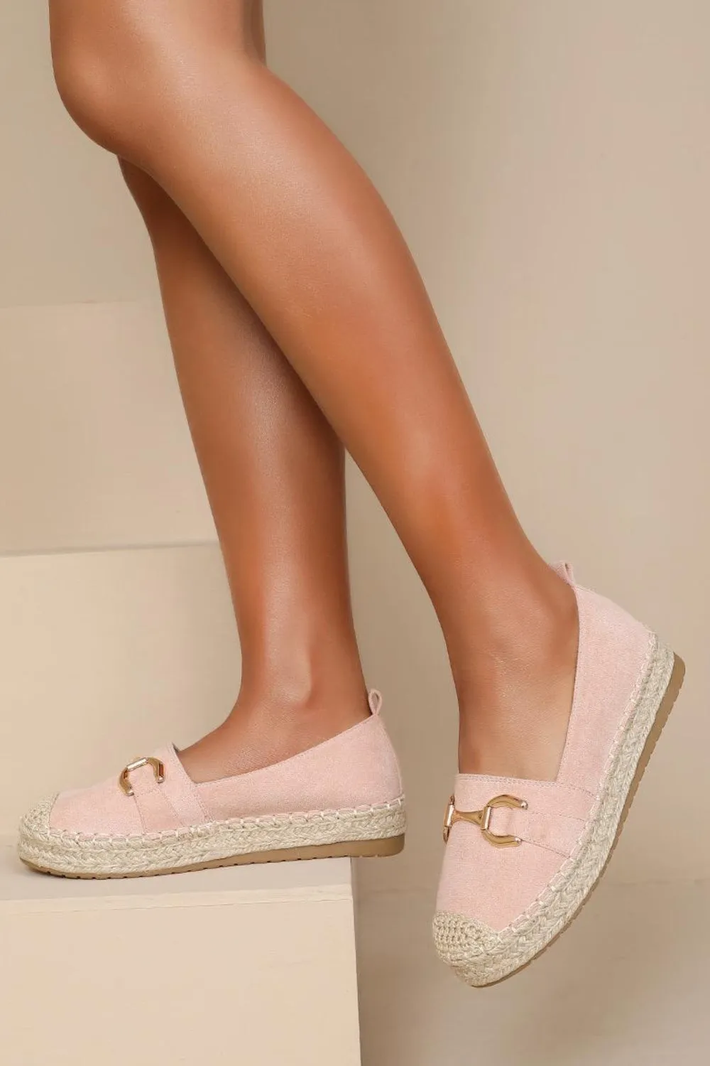 FAUX SUEDE FLAT GOLD METAL DETAIL ESPADRILLE MULES IN PINK