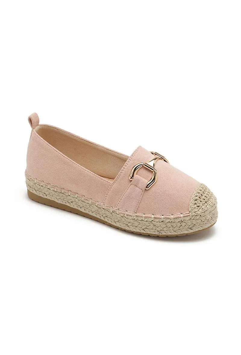 FAUX SUEDE FLAT GOLD METAL DETAIL ESPADRILLE MULES IN PINK