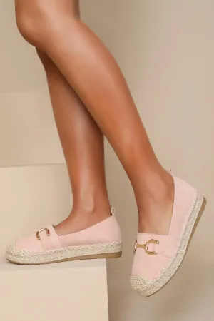FAUX SUEDE FLAT GOLD METAL DETAIL ESPADRILLE MULES IN PINK