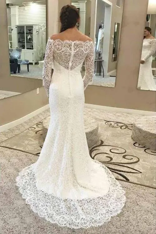 Fit&Flare Lace Off-the-shoulder Wedding Dresses with Long Sleeves