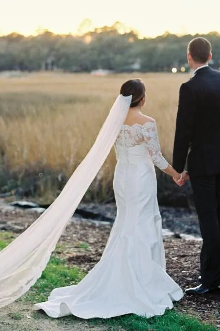 Fit&Flare Off-the-shoulder Wedding Gown with Scalloped Lace Sleeves