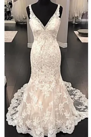 Fit&Flare V-neck Wedding Dress Lace Beaded Backless